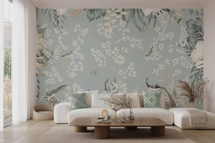 murais de parede Arte tropical em tons pastel com pássaros, borboletas, flores de hibisco, folhas de palmeira e árvores num fundo azul claro w09528