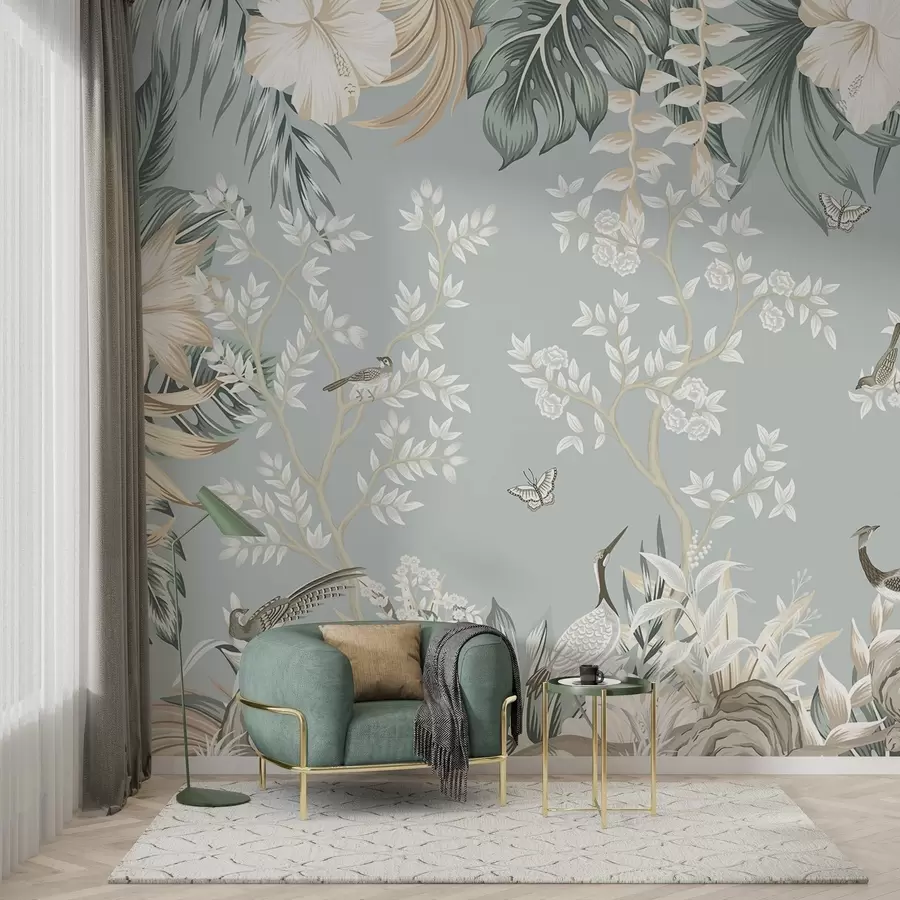 murais de parede Arte tropical em tons pastel com pássaros, borboletas, flores de hibisco, folhas de palmeira e árvores num fundo azul claro w09528