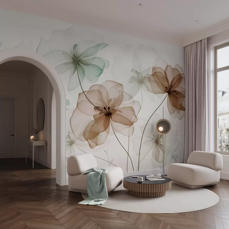 murais de parede Flores translúcidas com pétalas castanhas e verdes, hastes longas, fundo claro, cores suaves, desenho floral texturizado w09529