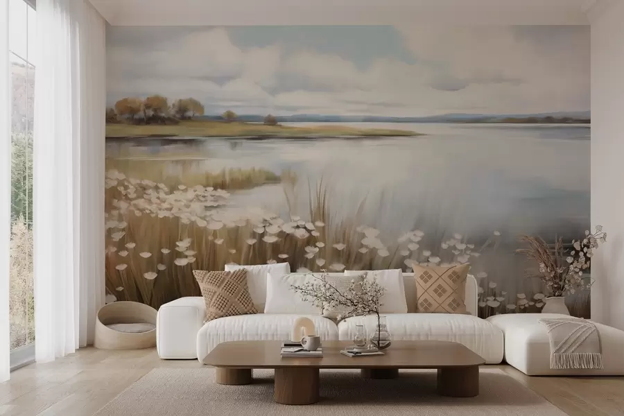 murais de parede Paisagem texturizada, campo de flores brancas e ervas altas, um lago ao fundo, uma colina relvada com árvores, cores suaves w09530