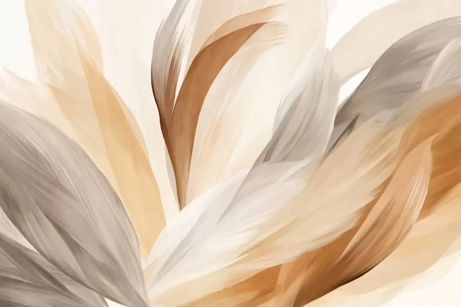 murais de parede Penas abstratas texturizadas em tons de castanho, branco e cinzento e vários matizes, sobrepostas num fundo branco w09531