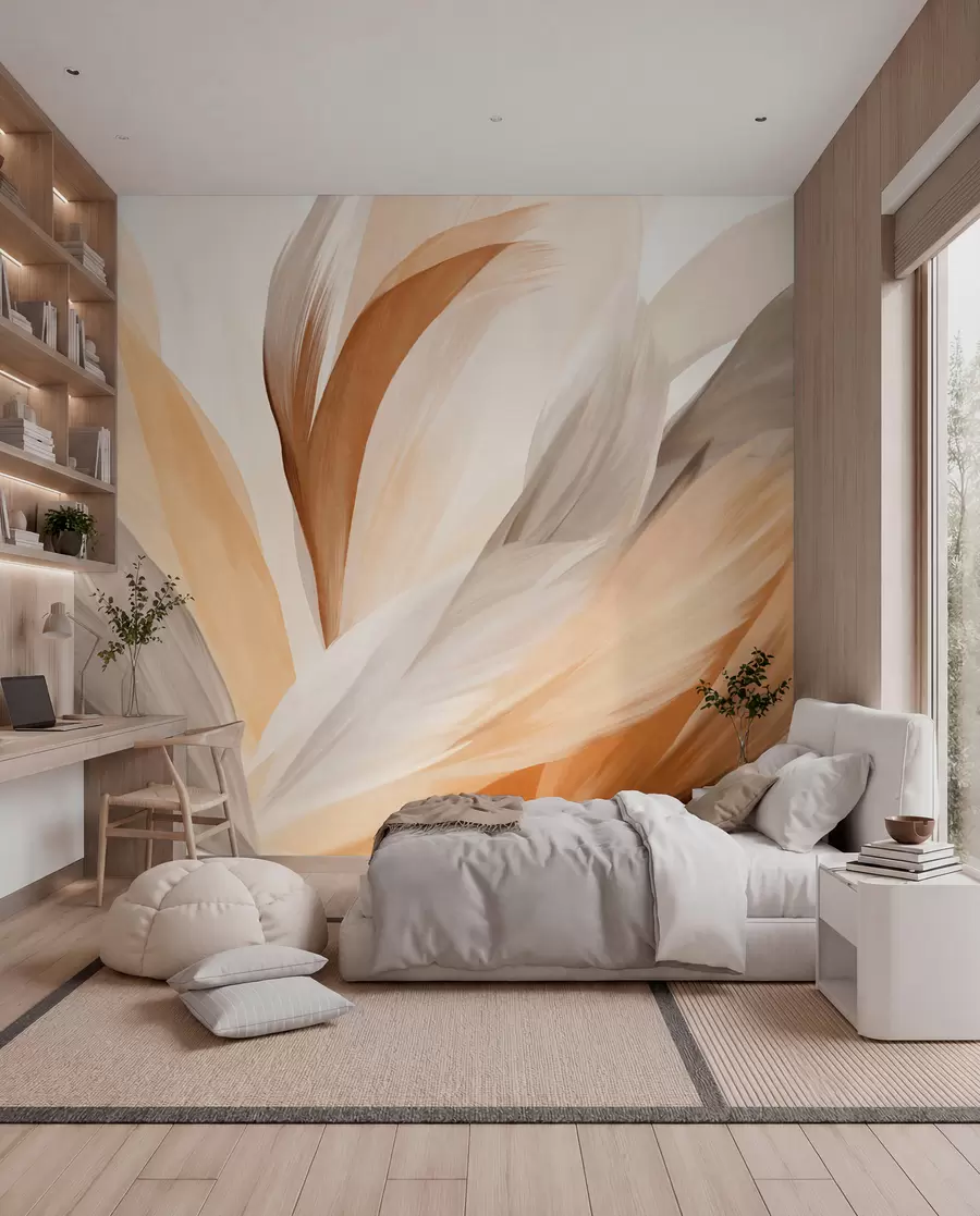 murais de parede Penas abstratas texturizadas em tons de castanho, branco e cinzento e vários matizes, sobrepostas num fundo branco w09531