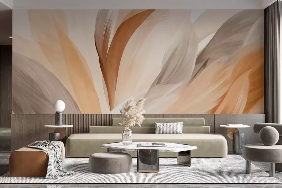 murais de parede Penas abstratas texturizadas em tons de castanho, branco e cinzento e vários matizes, sobrepostas num fundo branco w09531