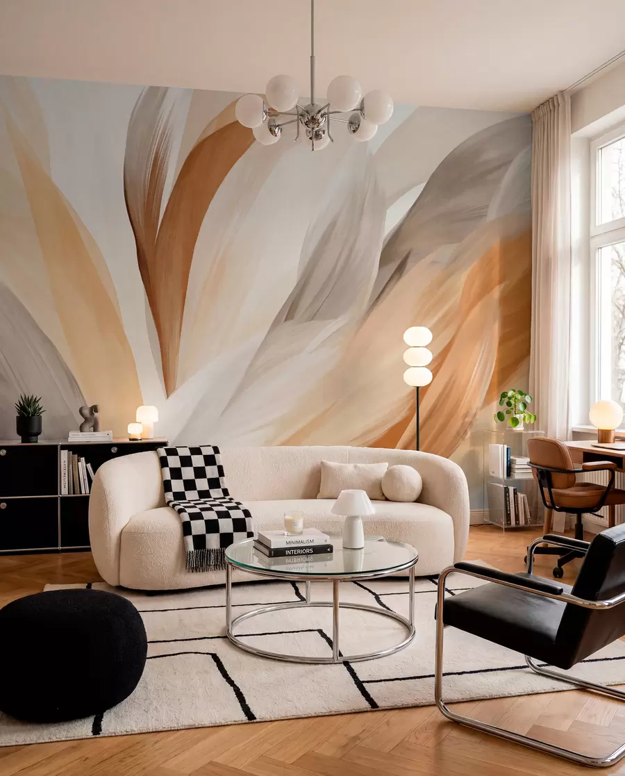 murais de parede Penas abstratas texturizadas em tons de castanho, branco e cinzento e vários matizes, sobrepostas num fundo branco w09531