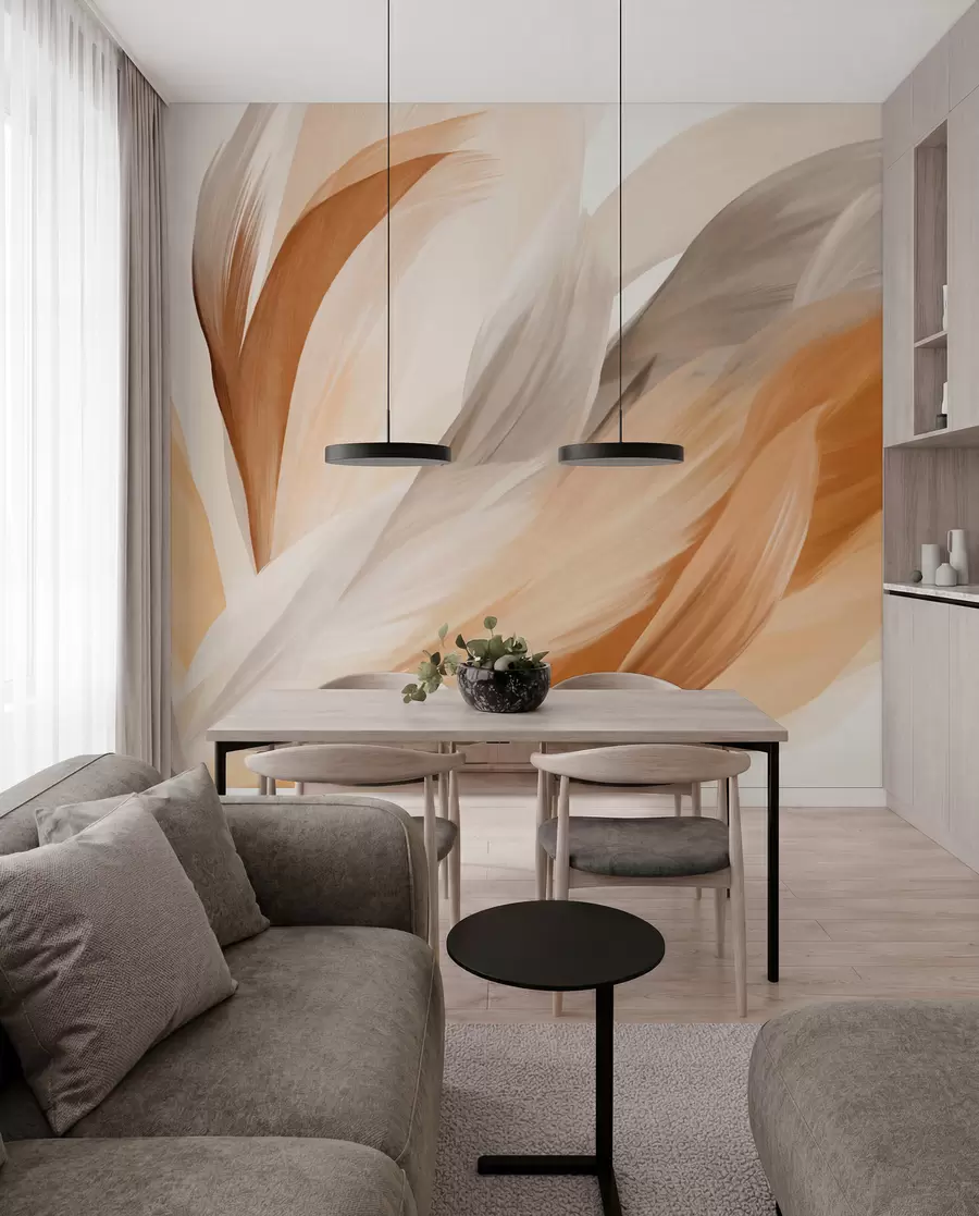 murais de parede Penas abstratas texturizadas em tons de castanho, branco e cinzento e vários matizes, sobrepostas num fundo branco w09531