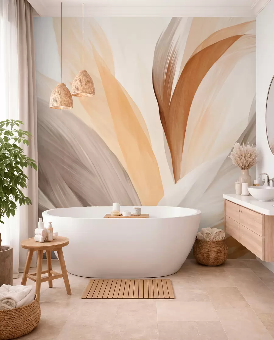 murais de parede Penas abstratas texturizadas em tons de castanho, branco e cinzento e vários matizes, sobrepostas num fundo branco w09531