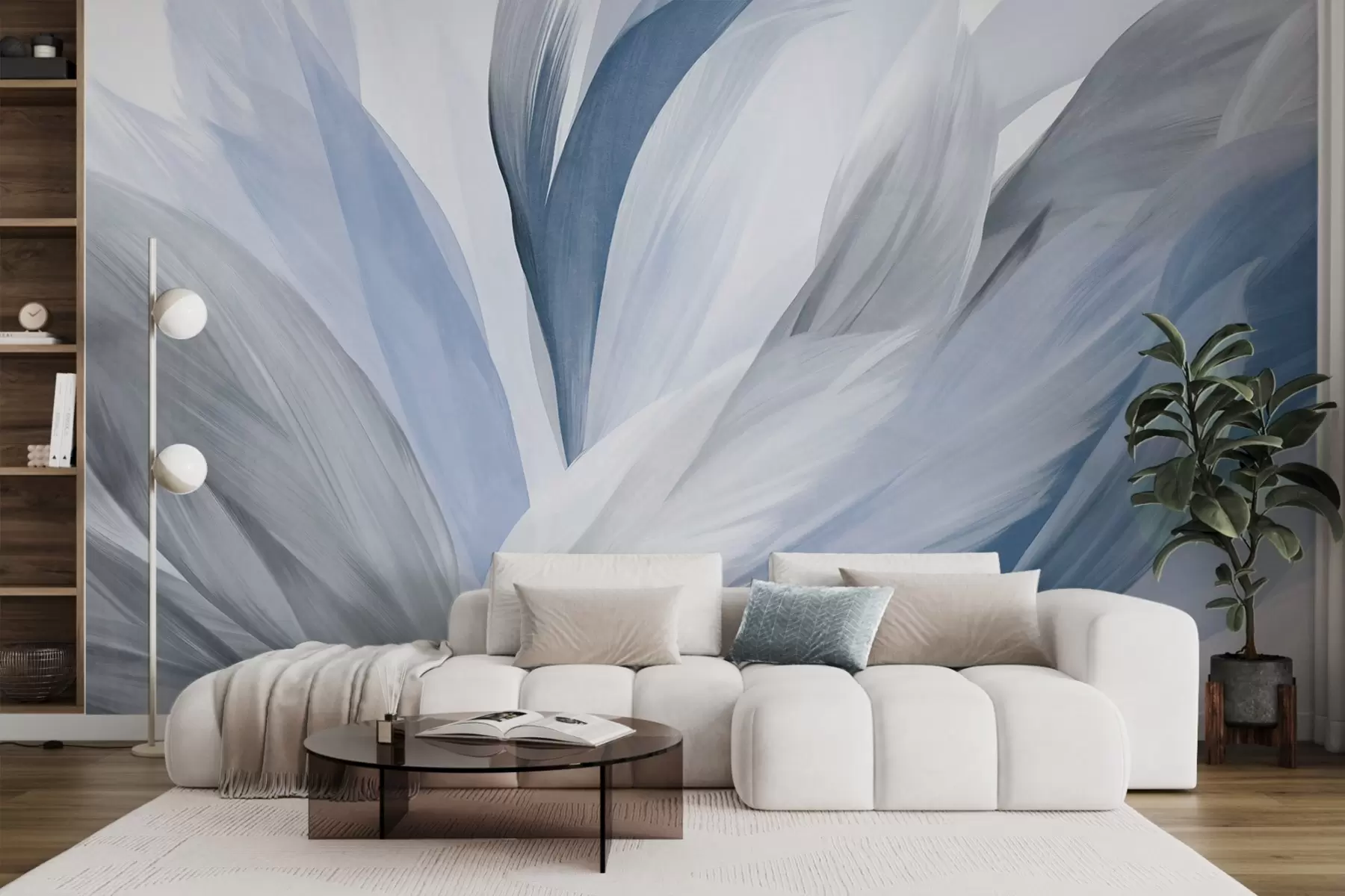 murais de parede Penas abstratas texturizadas em azul, branco e cinza e vários tons, sobrepostas num fundo branco w09531v1