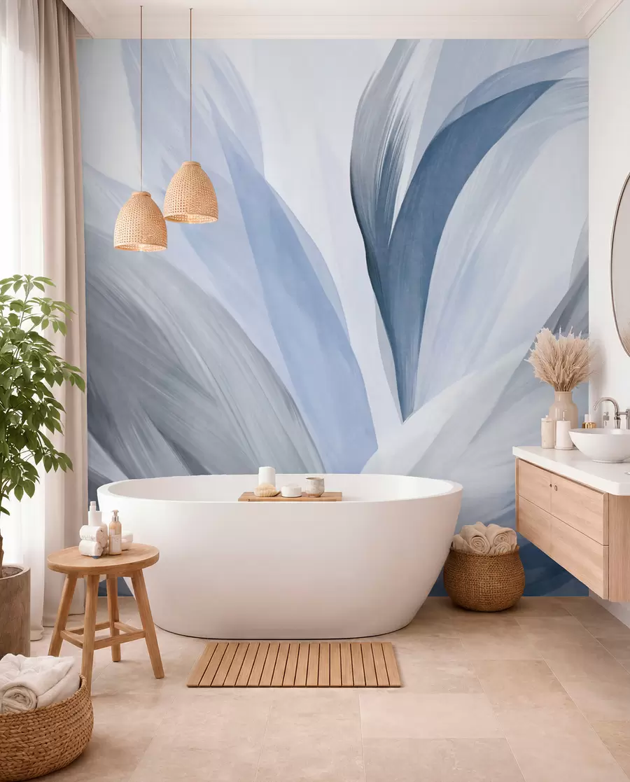 murais de parede Penas abstratas texturizadas em azul, branco e cinza e vários tons, sobrepostas num fundo branco w09531v1