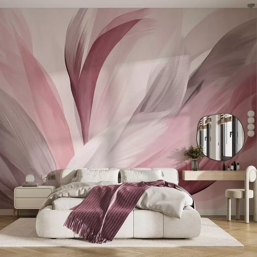 murais de parede Penas abstratas texturizadas em rosa, branco e cinza e vários tons, sobrepostas num fundo branco w09531v2
