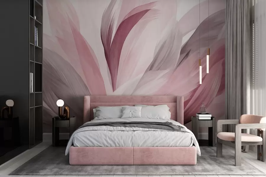 murais de parede Penas abstratas texturizadas em rosa, branco e cinza e vários tons, sobrepostas num fundo branco w09531v2