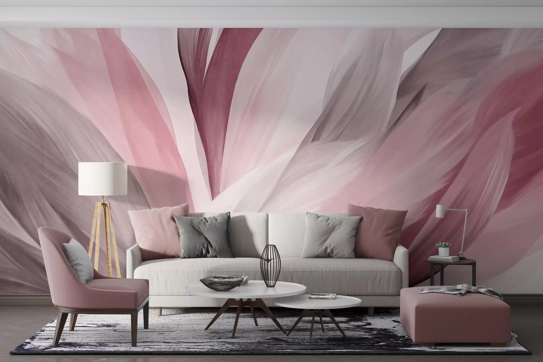murais de parede Penas abstratas texturizadas em rosa, branco e cinza e vários tons, sobrepostas num fundo branco w09531v2