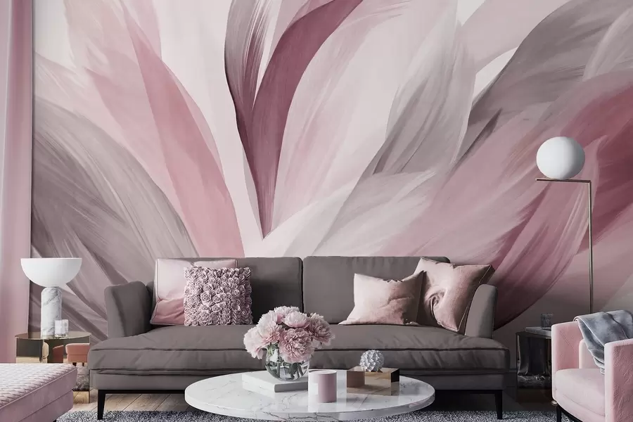 murais de parede Penas abstratas texturizadas em rosa, branco e cinza e vários tons, sobrepostas num fundo branco w09531v2
