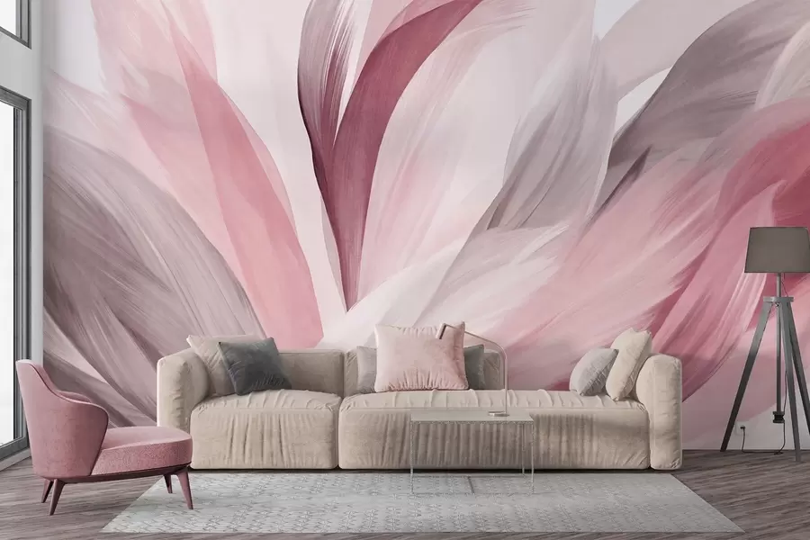 murais de parede Penas abstratas texturizadas em rosa, branco e cinza e vários tons, sobrepostas num fundo branco w09531v2