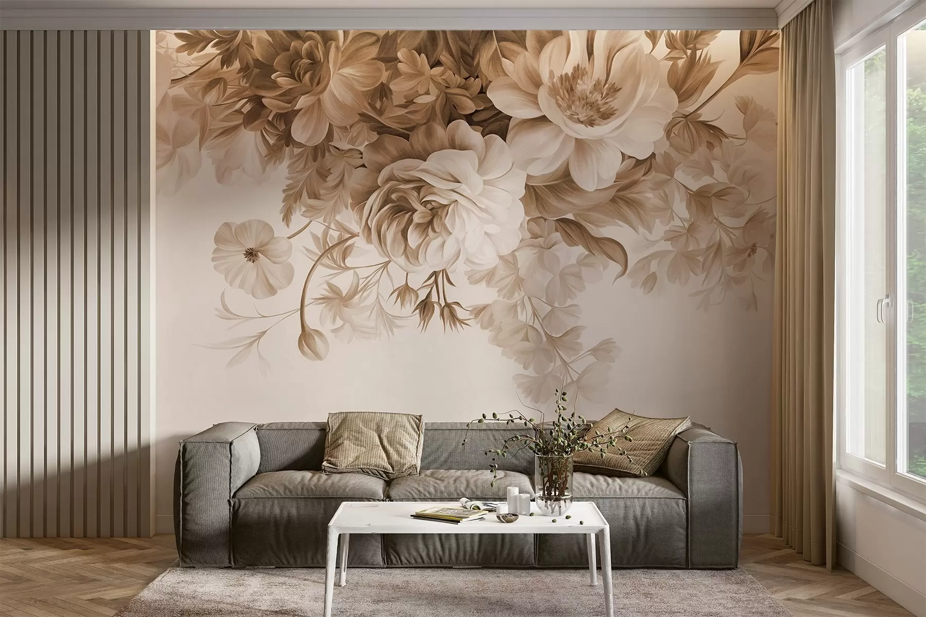 murais de parede Arranjo floral vintage com rosas, peônias e outras flores texturizadas com folhagem, sobre um fundo claro w09532v1