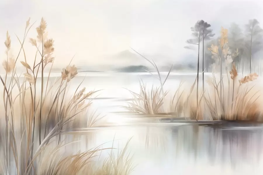 murais de parede Paisagem com um lago e relva alta em primeiro plano, montanhas ao fundo, cores suaves, textura w09534