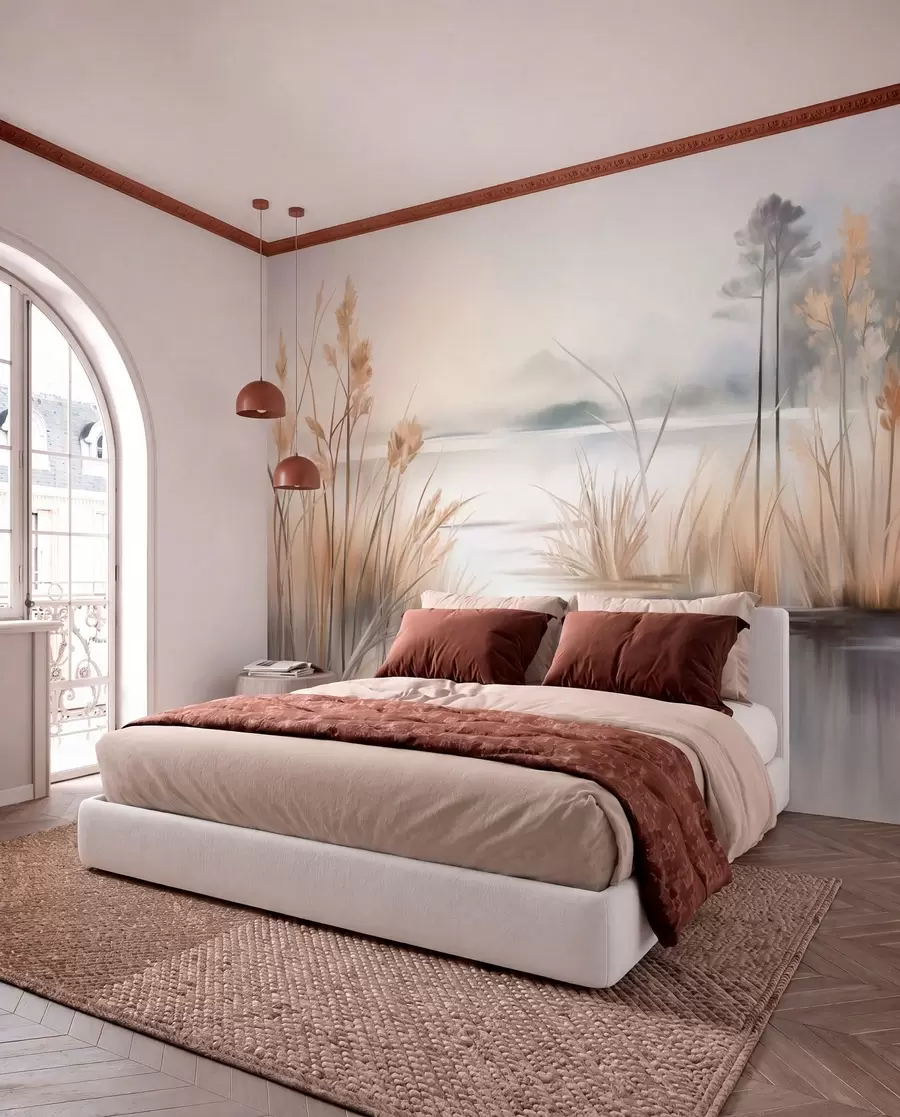 murais de parede Paisagem com um lago e relva alta em primeiro plano, montanhas ao fundo, cores suaves, textura w09534