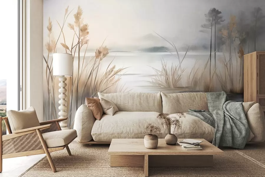 murais de parede Paisagem com um lago e relva alta em primeiro plano, montanhas ao fundo, cores suaves, textura w09534