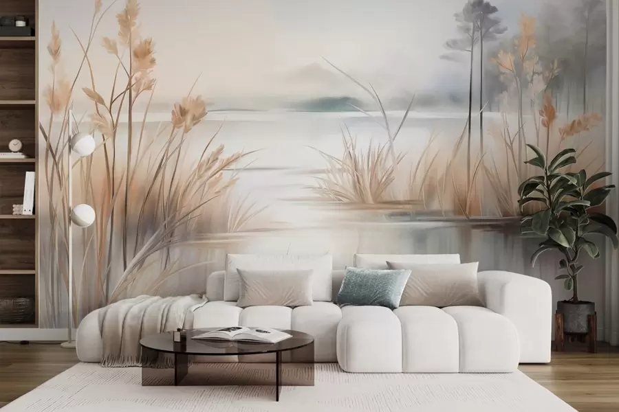 murais de parede Paisagem com um lago e relva alta em primeiro plano, montanhas ao fundo, cores suaves, textura w09534