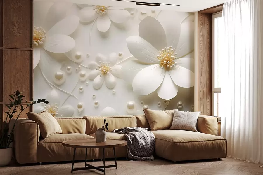murais de parede Flores brancas com pérolas espalhadas sobre um fundo branco, design elegante e minimalista, texturado w09535