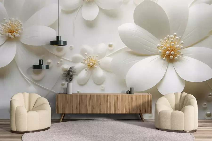 murais de parede Flores brancas com pérolas espalhadas sobre um fundo branco, design elegante e minimalista, texturado w09535