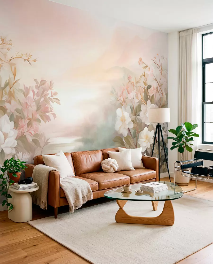 murais de parede Uma paisagem com um rio rodeado por flores e plantas, cores suaves, céu rosa, estilo texturizado em aquarela w09537