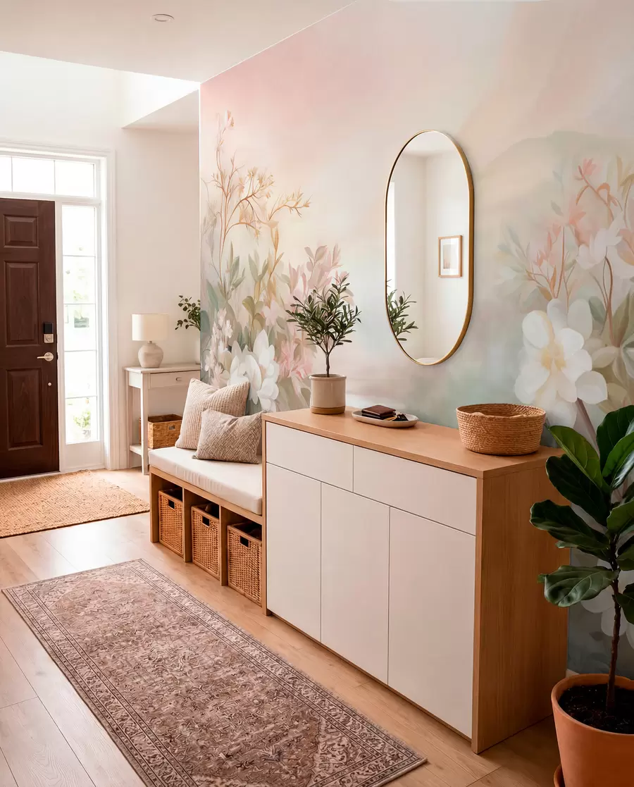 murais de parede Uma paisagem com um rio rodeado por flores e plantas, cores suaves, céu rosa, estilo texturizado em aquarela w09537