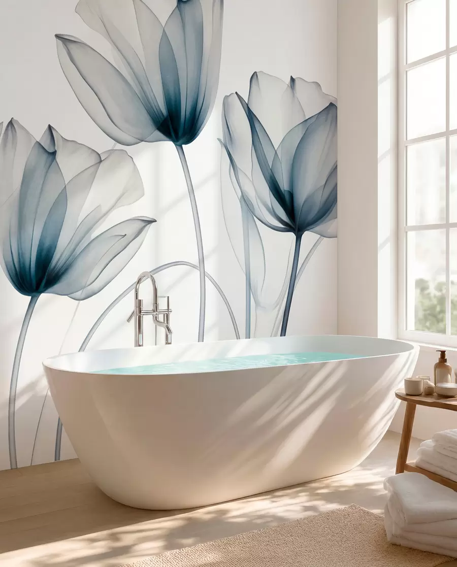 murais de parede Flores de tulipa translúcidas azuis e brancas com hastes longas, contra um fundo claro, arte floral delicada e texturizada w09538