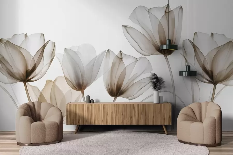 murais de parede Flores de tulipa translúcidas castanhas e brancas com hastes longas, contra um fundo claro, arte floral delicada e texturizada w09538v1