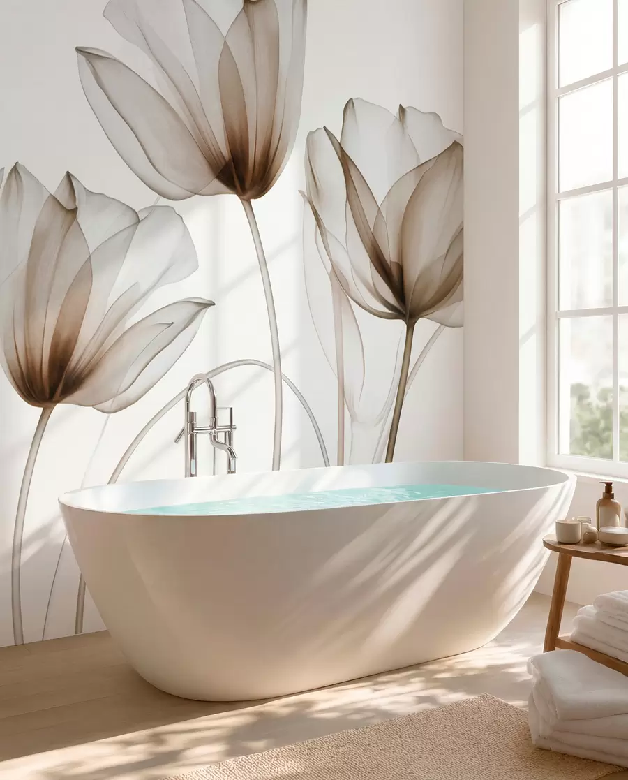 murais de parede Flores de tulipa translúcidas castanhas e brancas com hastes longas, contra um fundo claro, arte floral delicada e texturizada w09538v1