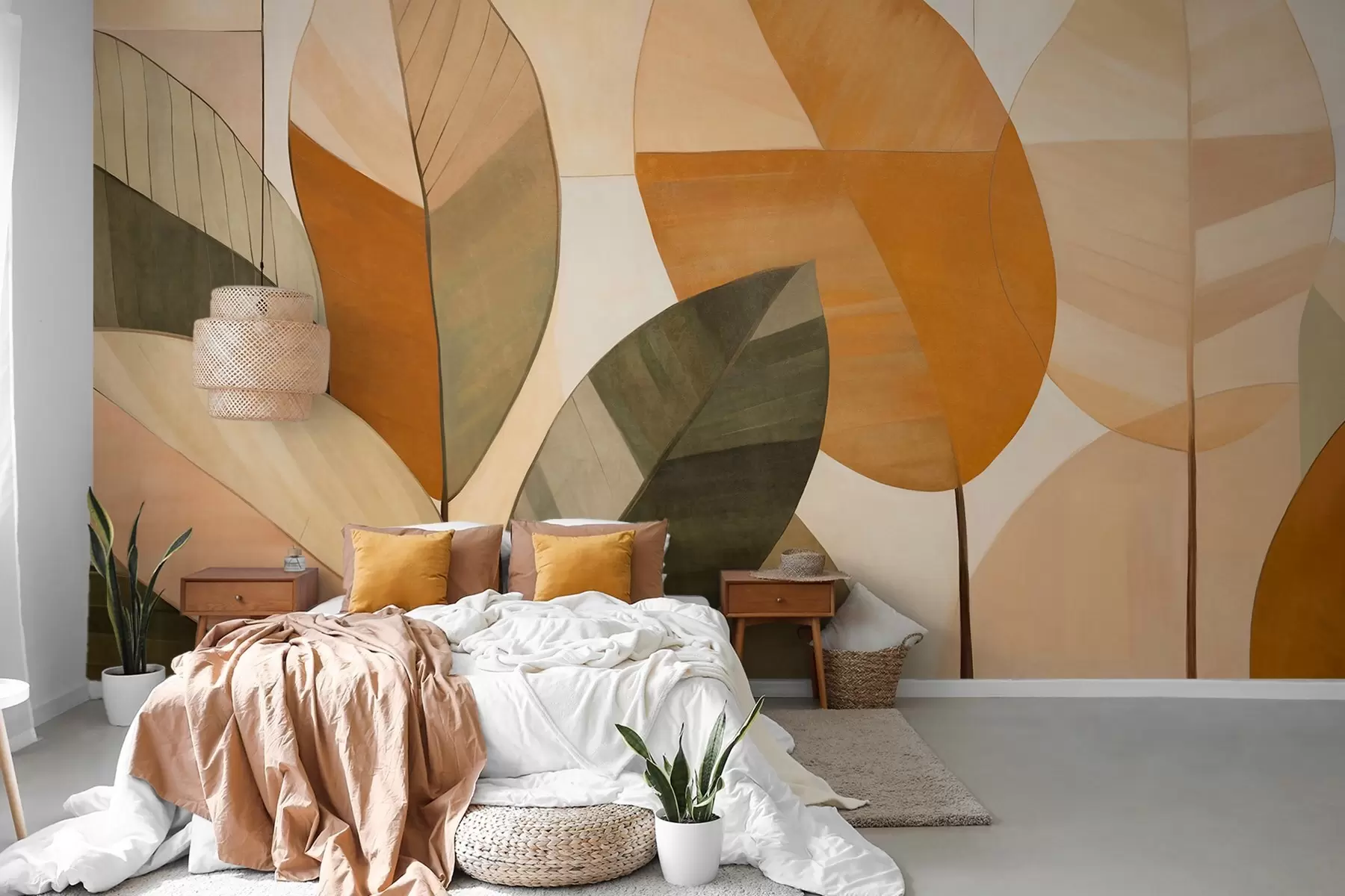 murais de parede Folhas abstratas grandes em tons de laranja, castanho e verde, texturizadas, dispostas contra um fundo claro w09539