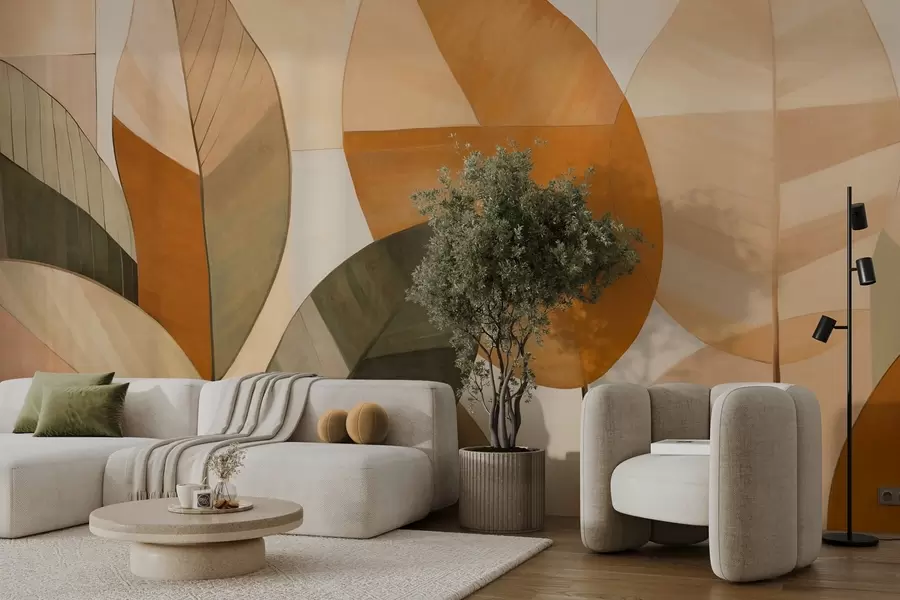 murais de parede Folhas abstratas grandes em tons de laranja, castanho e verde, texturizadas, dispostas contra um fundo claro w09539