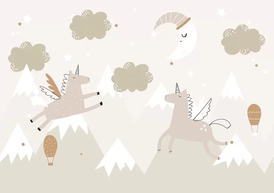 murais de parede Lua adormecida, unicórnios e balões w04886
