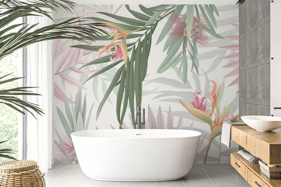 murais de parede Strelitzia na folhagem das palmeiras w04896v2