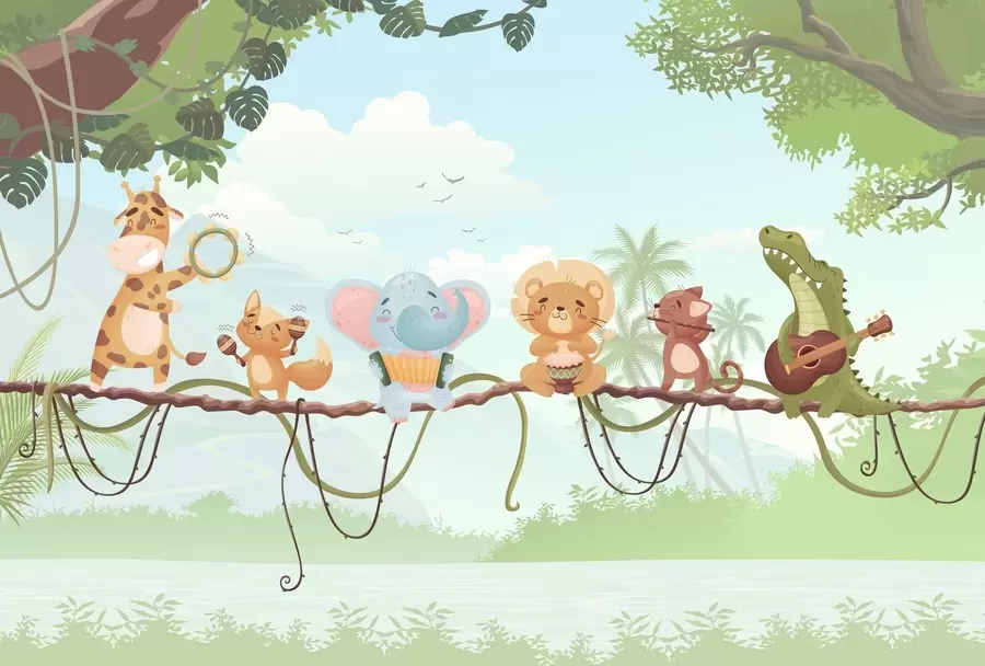 murais de parede Animais com instrumentos musicais contra um cenário tropical w04505