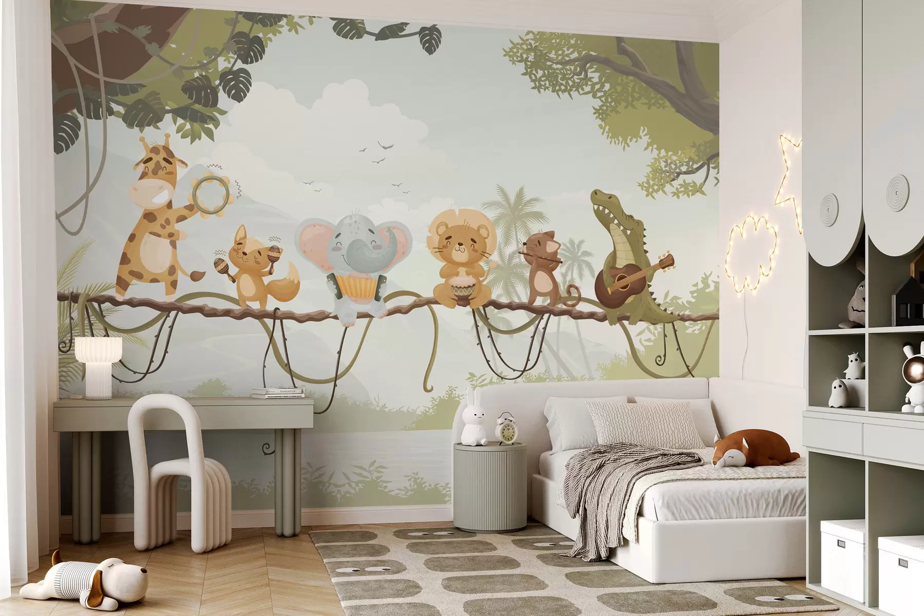 murais de parede Animais com instrumentos musicais contra um cenário tropical w04505v1
