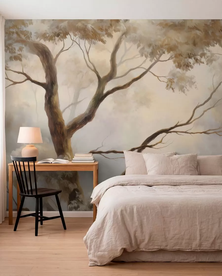 murais de parede A floresta na leve névoa matinal. Uma pintura atmosférica delicada no estilo de uma paisagem artística w04817