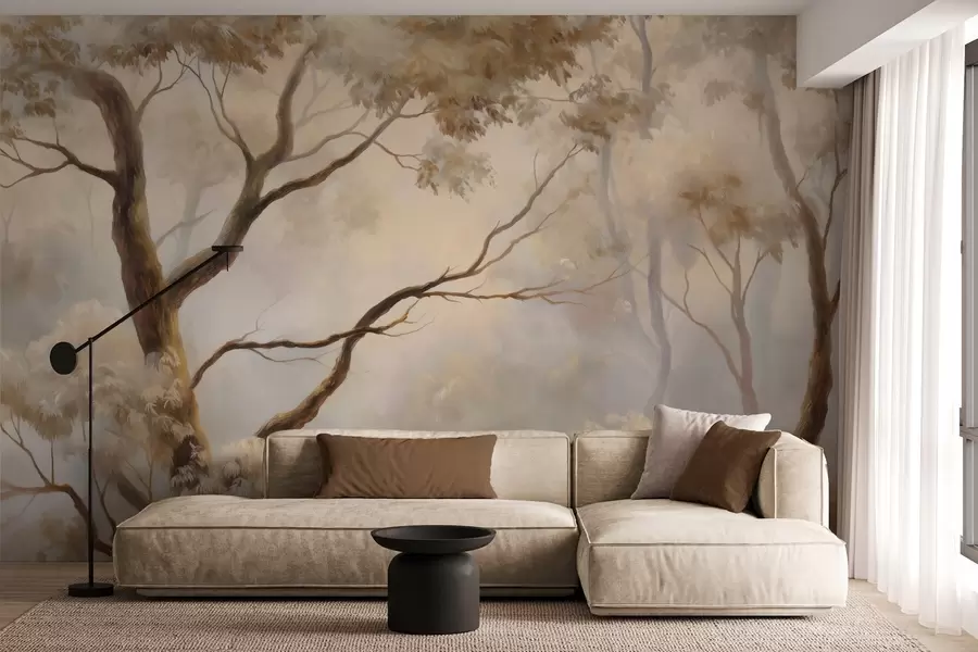 murais de parede A floresta na leve névoa matinal. Uma pintura atmosférica delicada no estilo de uma paisagem artística w04817