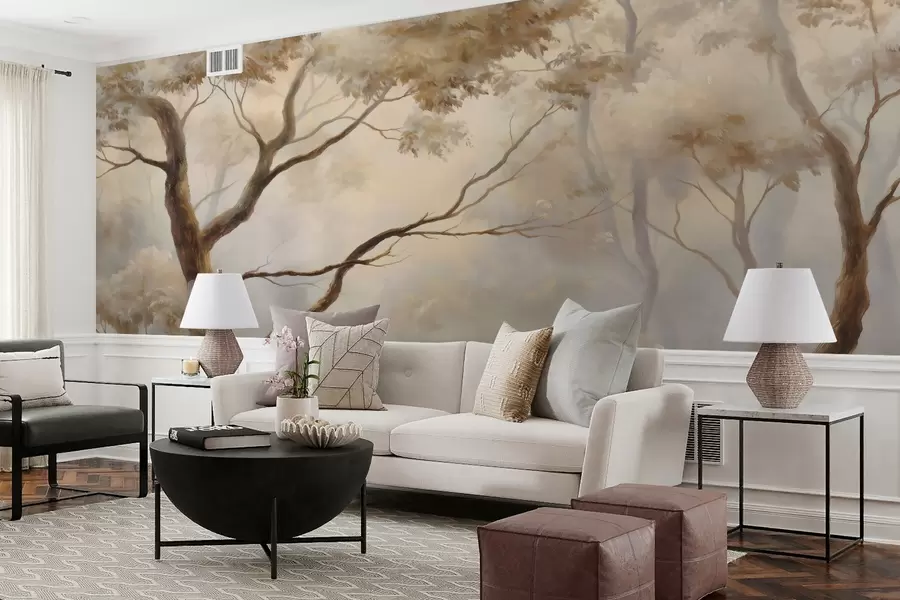 murais de parede A floresta na leve névoa matinal. Uma pintura atmosférica delicada no estilo de uma paisagem artística w04817
