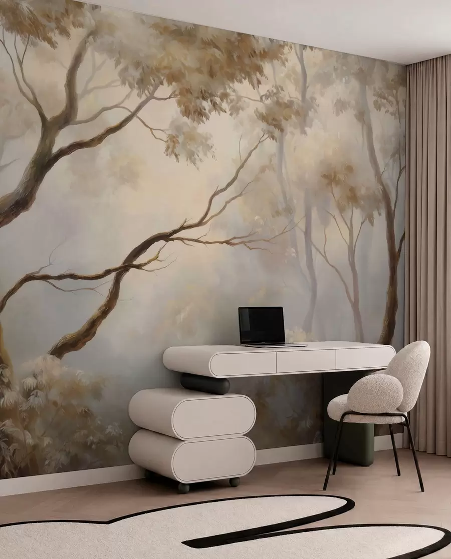 murais de parede A floresta na leve névoa matinal. Uma pintura atmosférica delicada no estilo de uma paisagem artística w04817