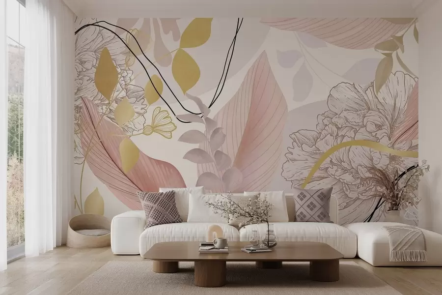 murais de parede Estampa floral abstrata com folhas grandes em tons de rosa suave, amarelo com finas linhas pretas e contornos florais brancos w09544v1