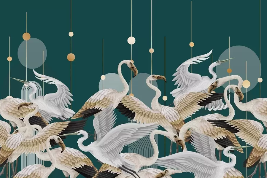 murais de parede Um bando de flamingos brancos com asas delicadas, contra um fundo azul-petróleo escuro com linhas e círculos amarelos w09546