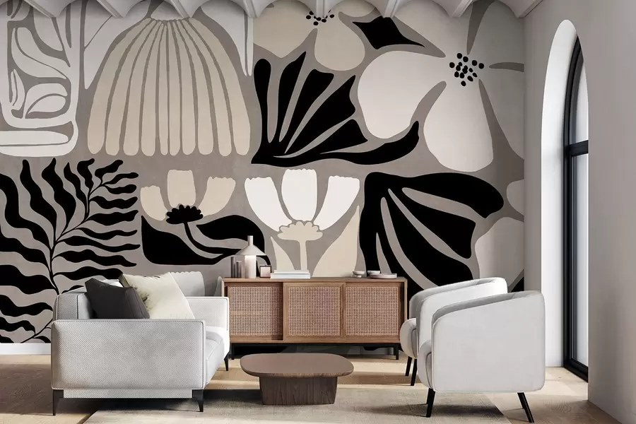murais de parede Flores e folhas minimalistas modernas em bege, preto e branco, texturizadas sobre um fundo cinzento w09547
