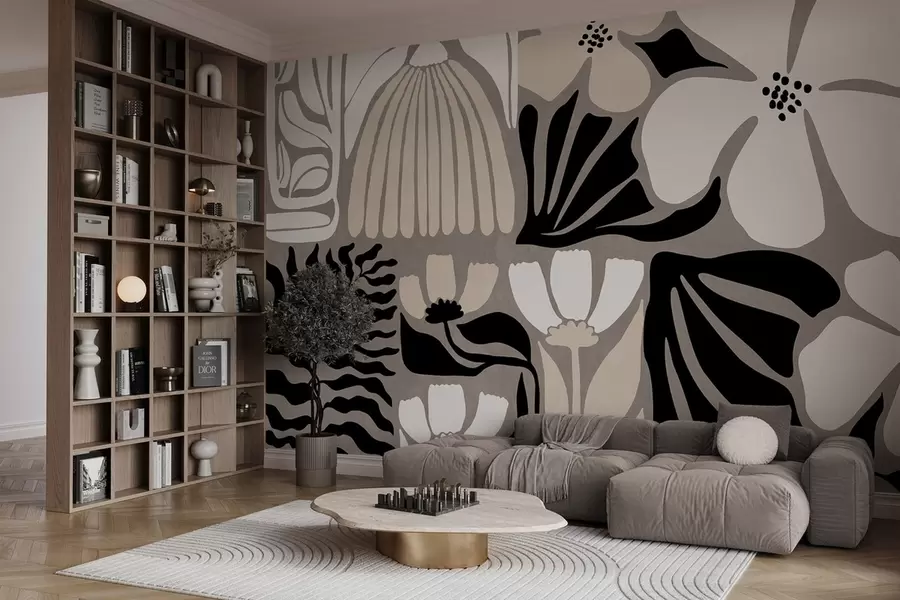 murais de parede Flores e folhas minimalistas modernas em bege, preto e branco, texturizadas sobre um fundo cinzento w09547