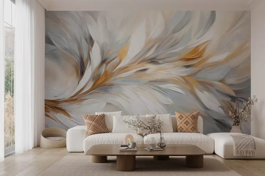 murais de parede Estilo de pintura abstrata com pinceladas texturizadas em branco, amarelo e cinza, com um fundo suave e claro w09552