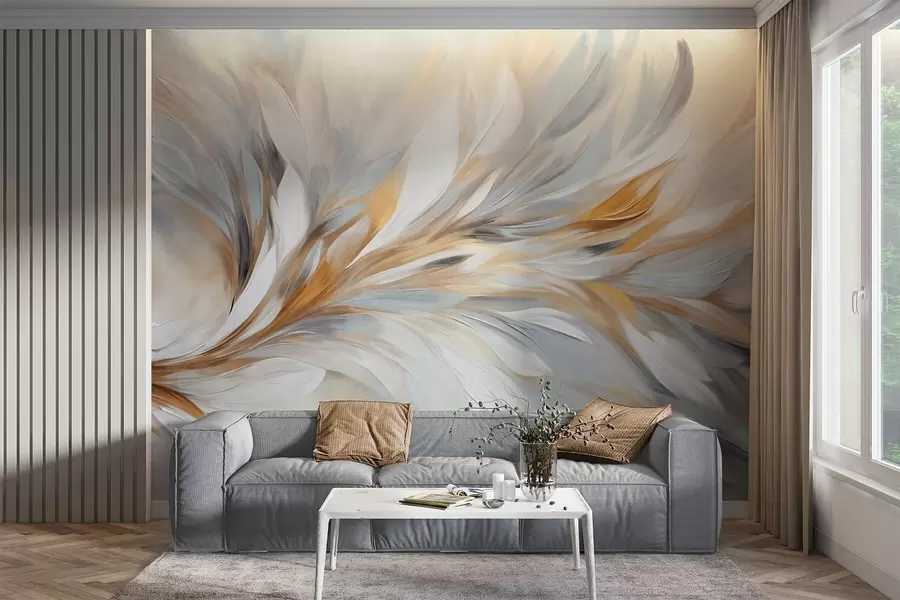 murais de parede Estilo de pintura abstrata com pinceladas texturizadas em branco, amarelo e cinza, com um fundo suave e claro w09552