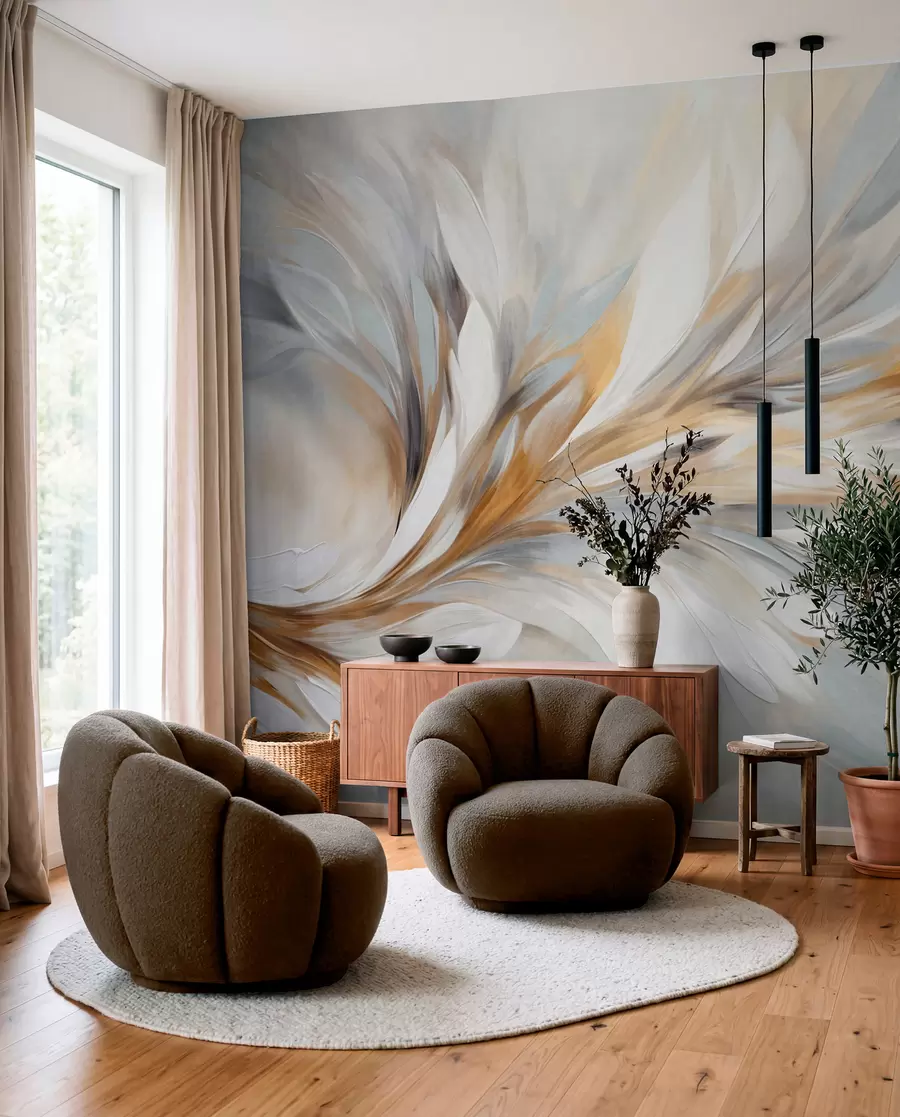 murais de parede Estilo de pintura abstrata com pinceladas texturizadas em branco, amarelo e cinza, com um fundo suave e claro w09552