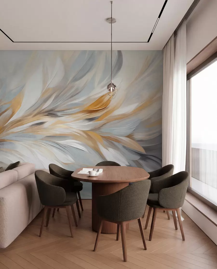 murais de parede Estilo de pintura abstrata com pinceladas texturizadas em branco, amarelo e cinza, com um fundo suave e claro w09552