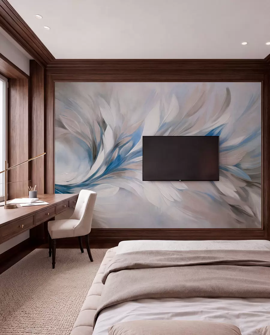 murais de parede Estilo de pintura abstrata com pinceladas texturizadas em branco, azul e cinza, com um fundo suave e claro w09552v1