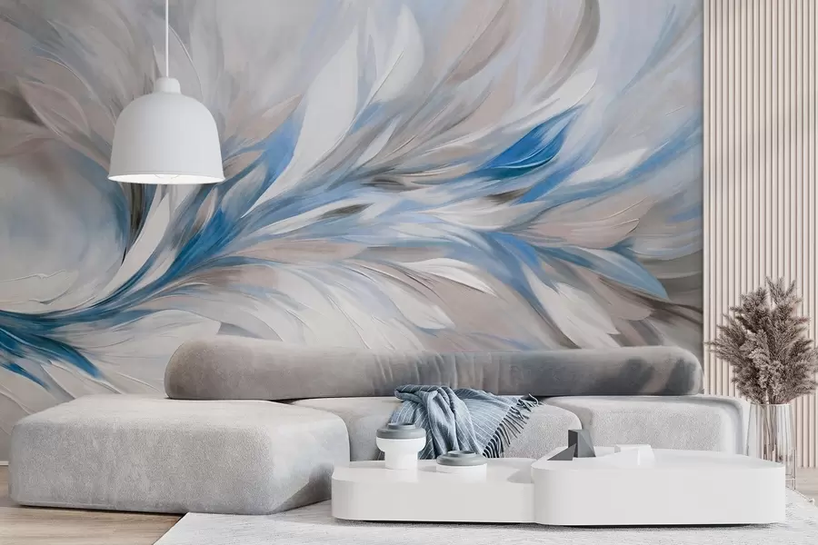 murais de parede Estilo de pintura abstrata com pinceladas texturizadas em branco, azul e cinza, com um fundo suave e claro w09552v1