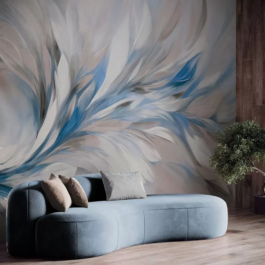 murais de parede Estilo de pintura abstrata com pinceladas texturizadas em branco, azul e cinza, com um fundo suave e claro w09552v1